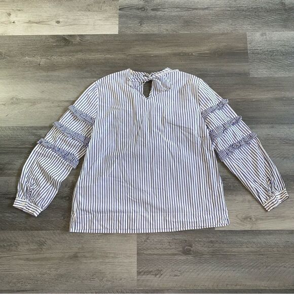J. Crew Tiered Ruffle Stripe Blouse Blue White 2 Cotton - Picture 7 of 10